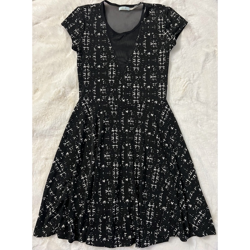 URBAN OUTFITTERS, KIMCHI BLUE Black/White Printed Mesh Insert Skater Dress